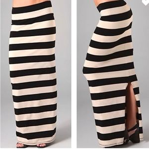 Free People Rugby Striped Column Maxi Skirt Black Nude Tan Size M Back Slit